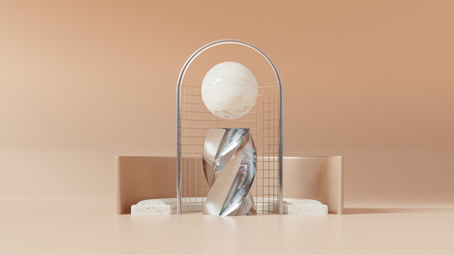 Abstract 3D minimal scene modern arh and stairs with luxury podium. stone and wooden texture material.