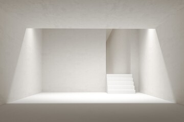 3D render empty white room with stair, concrete floor perspective of minimal design two story space with lighting. illustration mockup. Presentation space or gallery