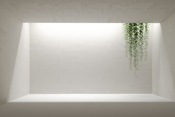 3d render minimalistic white room, two story space with lighting and ivy plants. 3D rendering illustration mockup. Presentation space or gallery