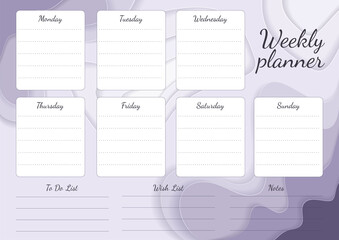 Weekly planner with paper cut shapes. Delicate purple and lilac colors. Vector illustration.
