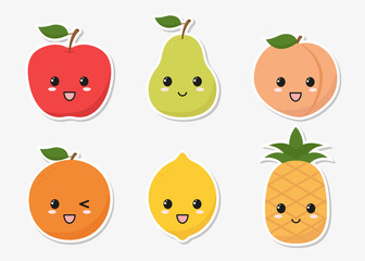 Set of fruits stickers with kawaii emoji. Flat design vector illustration on white background.