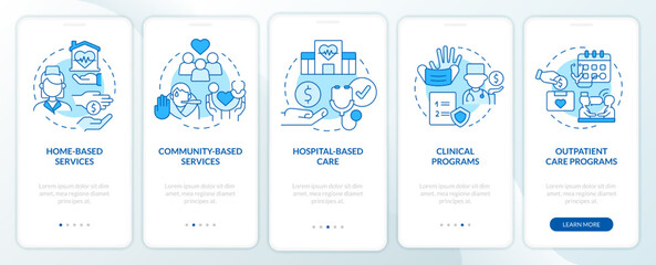 Fototapeta na wymiar Medical care services blue onboarding mobile app screen. Social support walkthrough 5 steps graphic instructions pages with linear concepts. UI, UX, GUI template. Myriad Pro-Bold, Regular fonts used