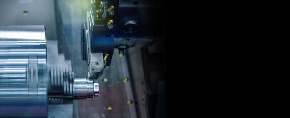 CNC lathe machine cutting the metal screw thread part, The hi-technology parts manufacturing, copy...