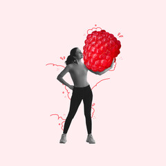 Contemporary art collage. Young woman carries a huge raspberry isolated on light background. Concept of art, creativity, retro style, surrealism - obrazy, fototapety, plakaty
