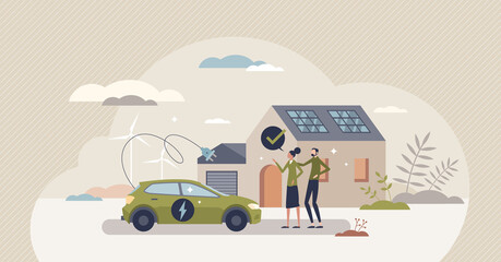 Save earth and switch to green energy electric vehicle tiny person concept. Environmental friendly and clean electricity as renewable nature power resource for transportation vector illustration. - obrazy, fototapety, plakaty