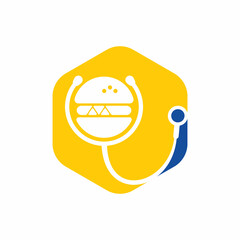 Healthy food vector logo design. Big burger with stethoscope icon logo design.