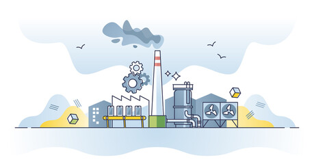 Manufacturing goods in modern production assembly factory outline concept. Industrial building with chimney, warehouse and manufacture parts vector illustration. CO2 pollution from consumer society. - obrazy, fototapety, plakaty