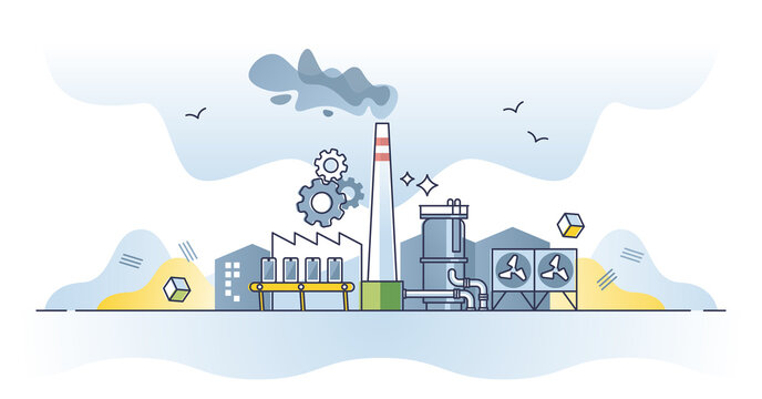 Manufacturing goods in modern production assembly factory outline concept. Industrial building with chimney, warehouse and manufacture parts vector illustration. CO2 pollution from consumer society.
