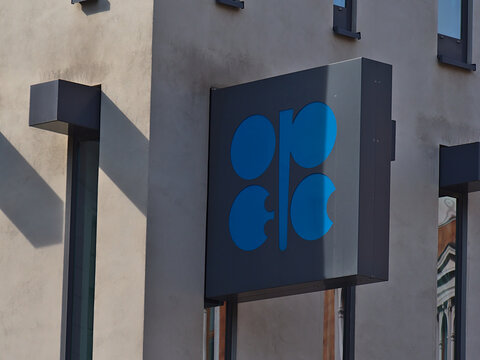 Vienna, Austria - 03-20-2022: View of the logo of the Organization of the Petroleum Exporting Countries (OPEC) at its headquarters in Vienna, Austria in a modern office building.