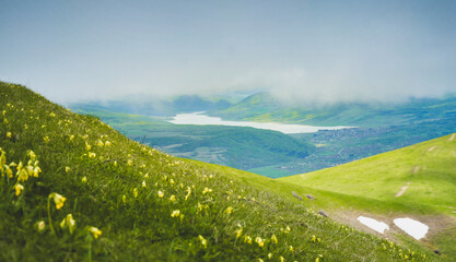 Sioni reservoir panorama from mount Ikvlivi in spring. Caucasus mountains and pristine nature