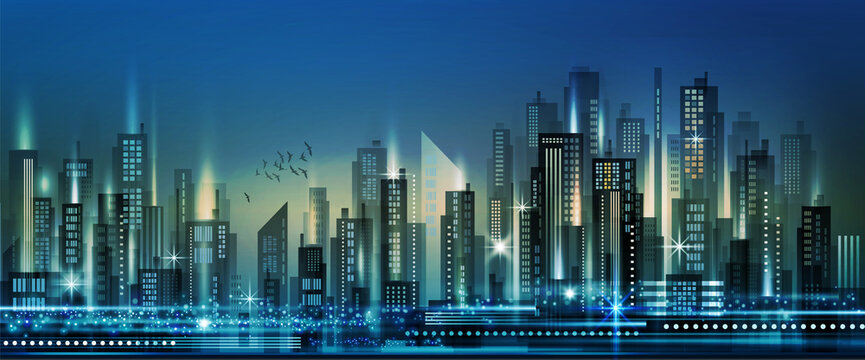 City background with architecture, skyscrapers, megapolis, buildings, downtown.  Night cityscape
