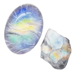 Moonstone watercolor gemstone. Zodiac stone isolated on white background. Healing crystal illustration - obrazy, fototapety, plakaty