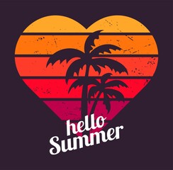 Sunset in vintage style. Heart shape with grunge texture. Neon colors on dark background. Hello summer flat illustration with grunge texture. Palm trees on background of heart. Isolated illustration. - obrazy, fototapety, plakaty