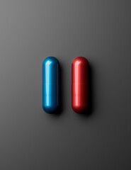 Two medicine capsules or pills isolated on dark background. Red and blue pills. Choice sign or symbol. 3d render