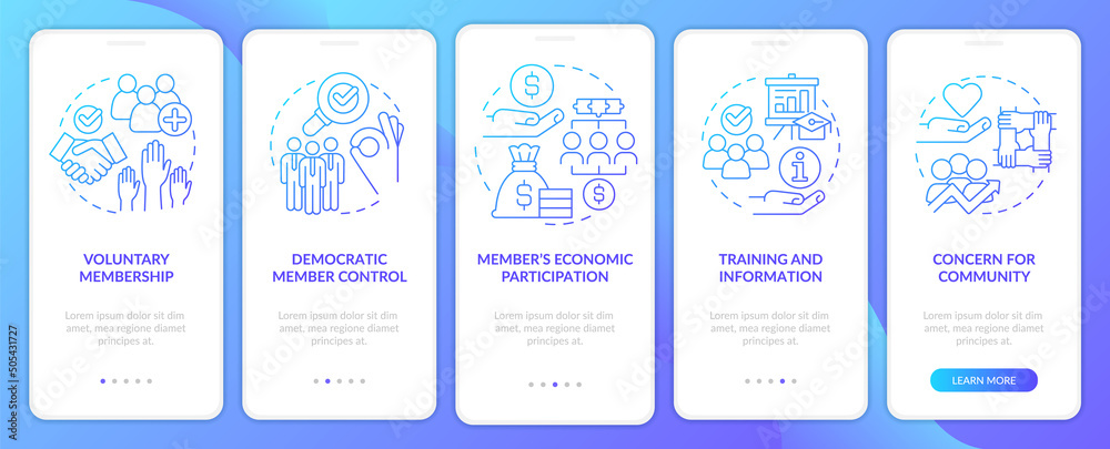 Wall mural cooperative principles blue gradient onboarding mobile app screen. walkthrough 5 steps graphic instr