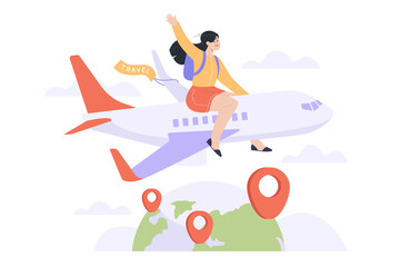 Happy woman riding plane or aircraft flat vector illustration. Tourist travelling by airplane, flying above planet with location pins. Transport, travel, trip, journey concept