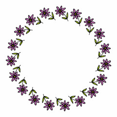 Obraz na płótnie Canvas Round frame with simple violet flowers on white background. Vector image.