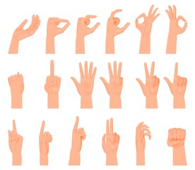 Hand gestures. Counting to five on fingers, fico, cartoon flat style. Sign language