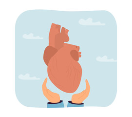 Hands holding heart. Hands cupping human organ against blue sky. Biology, medicine, charity concept for banner, website design or landing web page