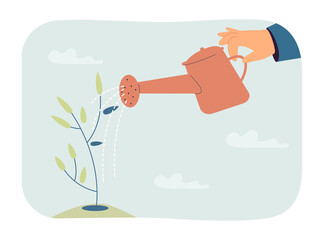 Person watering little tree. Hand with watering can taking care of growing plant. Gardening, ecology, hobby concept for banner, website design or landing web page © SurfupVector