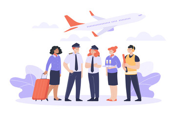 Airplane crew or staff flat vector illustration. Male and female pilots in command, flight attendants or stewardess in uniform standing together. Team, job, aviation, airline concept