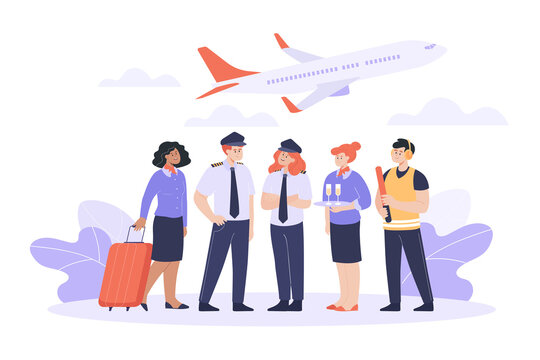 Airplane crew or staff flat vector illustration. Male and female pilots in command, flight attendants or stewardess in uniform standing together. Team, job, aviation, airline concept