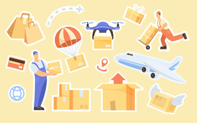 Colorful cargo delivery stickers cartoon illustration set. Cardboard boxes, couriers delivering parcels, location pin, aircraft, drone, dispatch. Logistics, air delivery, transportation concept