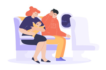 Baby crying on mothers arms during airplane flight. Tired mom trying to calm little kid flat vector illustration. Exhausted male passenger suffering from loud noise. Transportation concept