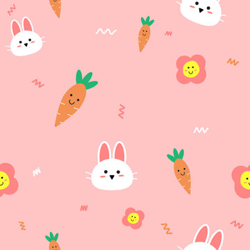 cute rabbit with flower and carrot fabric seamless cute pattern in pink