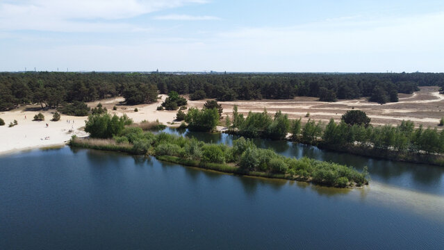 Aerial view of lake surrounded by growing bushes and sandy beach in Belgium