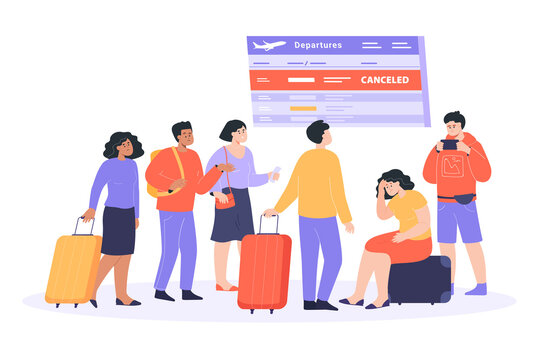 Sad passenger worrying about cancelled flight. Frustrated men and women waiting for delayed flight in airport terminal, looking at flight schedule board flat vector illustration. Travel concept