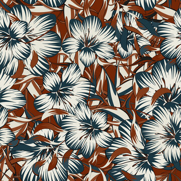 Bright trendy tropical pattern with flowers and leaves. Graphic arts. Background for printing on fabric and paper.