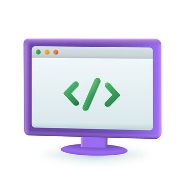 3d cartoon style coding symbol icon on computer screen. Greater than less sign symbol for websites or programming flat vector illustration. Technology, interface concept
