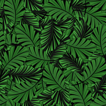 Fashionable, bright seamless background with tropical leaves. Pattern for printing on material and paper.