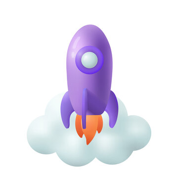 Blowing rocket 3d cartoon style icon. Spaceship launching in space flat vector illustration. Starting business or startup. Development, growth, education, innovation concept