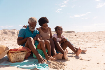 Happy african american grandparents and grandchildren sitting on sandy beach against sky in summer