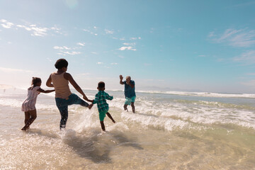 African american grandparents and grandchildren playing amidst waves in sea against sky in summer