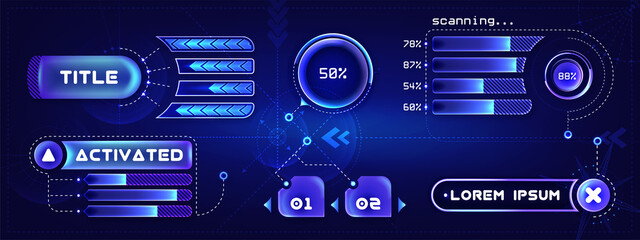 Futuristic callouts titles. Abstract hud frame screen, button, loading, text, callout bar labels and information box bars. Sci-fi modern technology borders for game, ui graphic design or gui elements. - obrazy, fototapety, plakaty