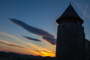 The silhouette of  Novigrad na Dobri fortress at dusk, Croatia