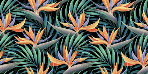 Seamless pattern, tropical strelitzia flowers, palm leaves in green color. 3d vintage illustration, dark background, premium texture, art. Luxury wallpaper, dark mural, cloth, curtains, poster, paper