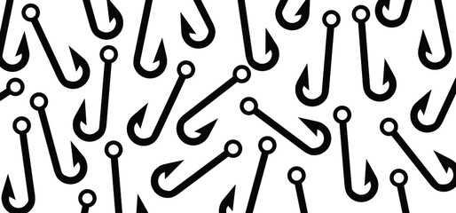 Cartoon fish hook banner. National go fishing day june 18 holiday I love fishing or happy family fish day. Fishhook for in the water, river or lake sign. Fish food icon or logo. Line pattern.