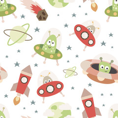 Space Seamless Pattern with space characters – Funny Aliens, UFO, Rocket Ships on cosmic background. Vector Illustration. Great for baby clothes, nursery decor, wrapping paper.