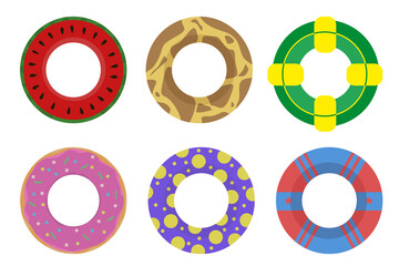 Naklejka premium A set of inflatable life buoys with various images on them (watermelon, donut, patterns, giraffe) in a flat style. Vector image.