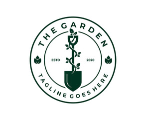 Shovel spade scoop with flower tree leaf root plant for garden plantation culitivation farm logo design Vector template