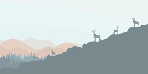 Fototapeta na wymiar cute forest with deer on mountains, forest wall for children, cute deer background, nursery wallpaper for baby room, room design,