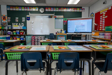 Wide angle view of empty elementary school classroom in the US.