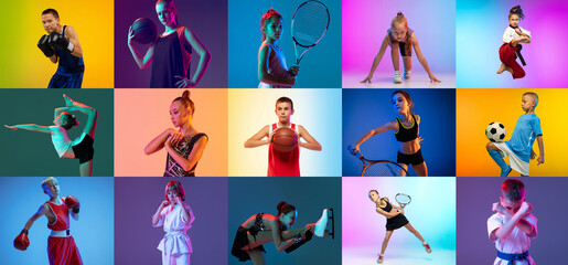 Collage of different little sportsmen in action and motion isolated on multicolored background in neon. Flyer. Sport for kids - obrazy, fototapety, plakaty