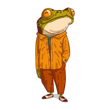 A Poseur Frog, isolated vector illustration. Young trendy dressed anthropomorphic frog showing off. Humanized toad posing. A fancy guy. A Photo Model. An animal character with a human body.