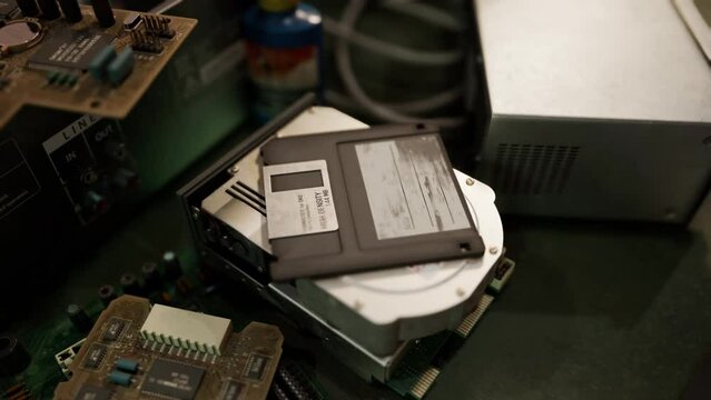 old computer floppy disk and motherboard