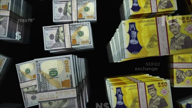 American Dollar and Brunei Dollar money exchange. Banknotes pack bundle. Concept of trade, economy, competition, crisis, banking and finance. Notes loopable seamless 3d.